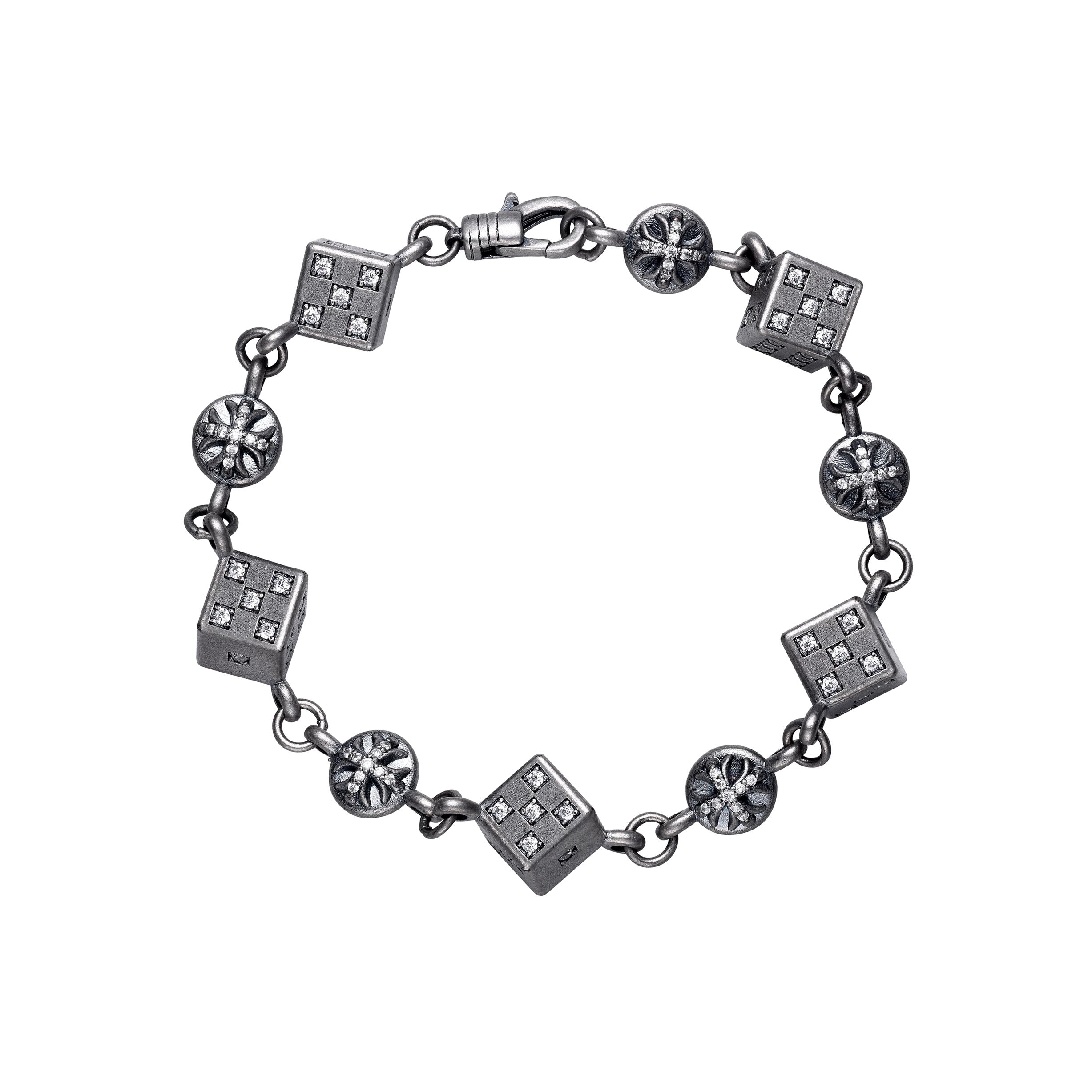 SAINT DICE – Bracelet Dés 20 cm en Moissanite VVS1 et Platine Vieilli