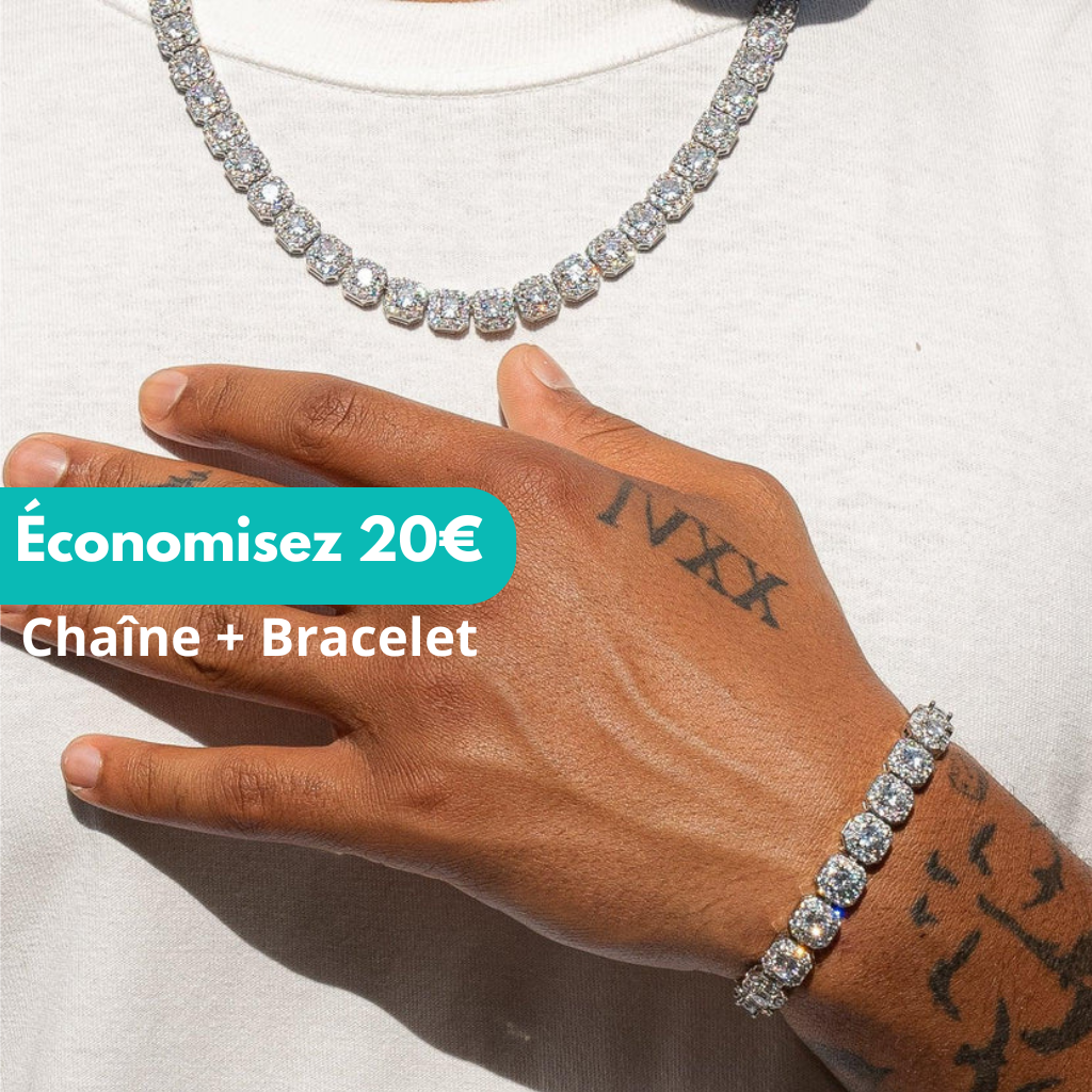 HYDRA - Chaîne + Bracelet Cluster de Tennis 10 mm - Or Blanc