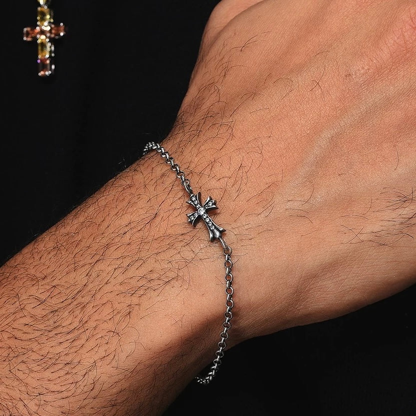 PHANTOM LINK – Bracelet Croix réglable en Moissanite VVS1 et Platine Vieilli