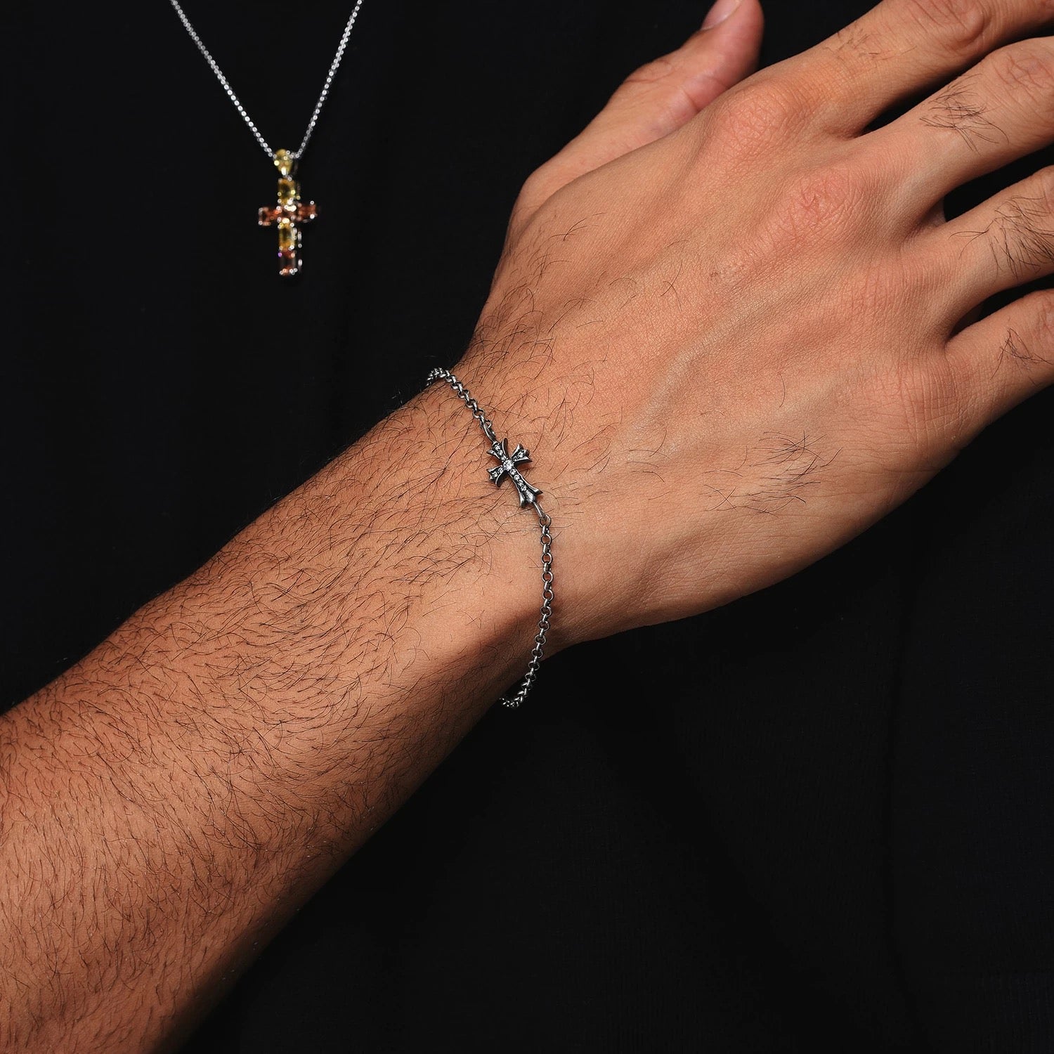 PHANTOM LINK – Bracelet Croix réglable en Moissanite VVS1 et Platine Vieilli