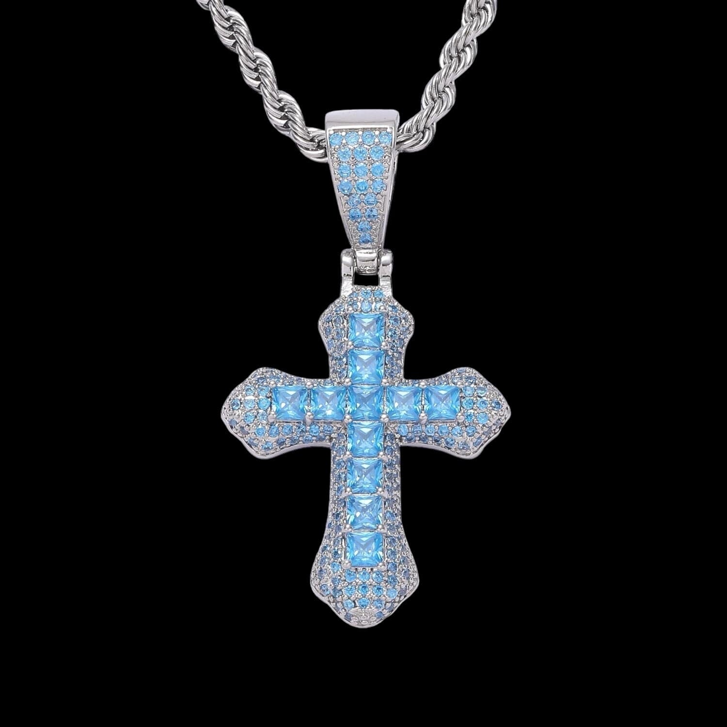 LYXA BLEU - Chaîne Rope en Acier Inoxydable avc Pendentif en Croix Sertie - Or blanc collier Maison Brillance 